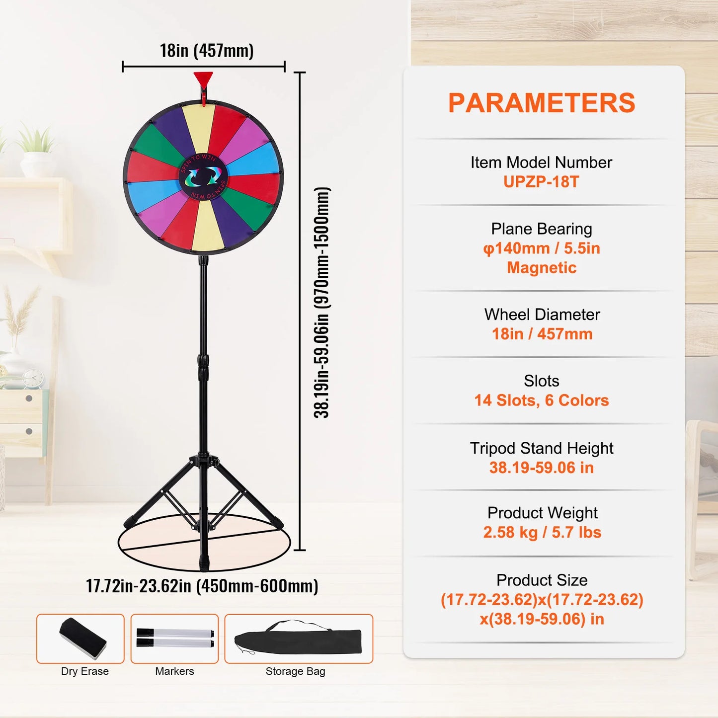 SucceBuy 18 Inch Tabletop Color Prize Wheel w/ Folding Tripod Floor Stand 14 Slots Dry Erase for Win Fortune Spinning Stand Game