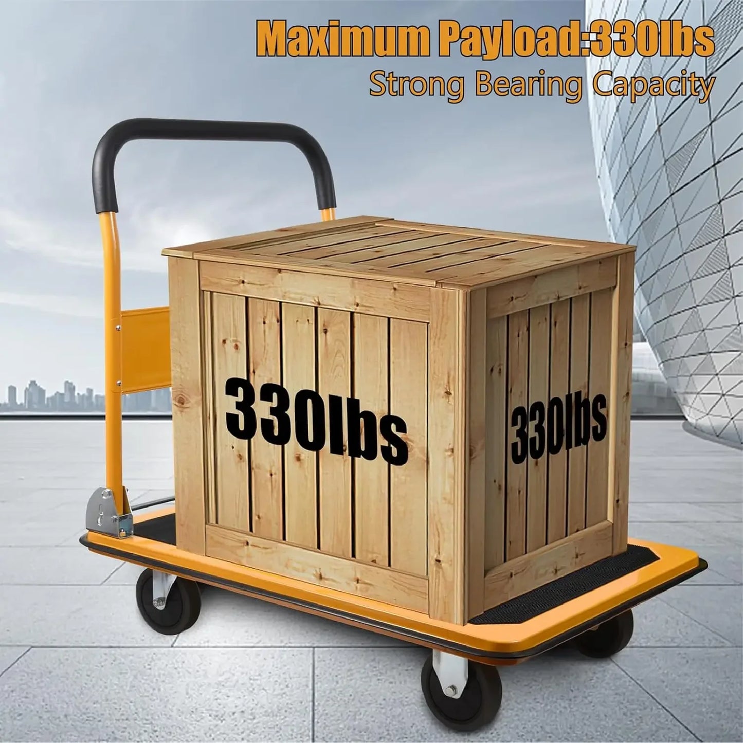 Foldable Push Cart Platform Cart 330lbs Capacity 4 Wheels 28.7x18.5x32.3inches Yellow Small Flatbed Cart