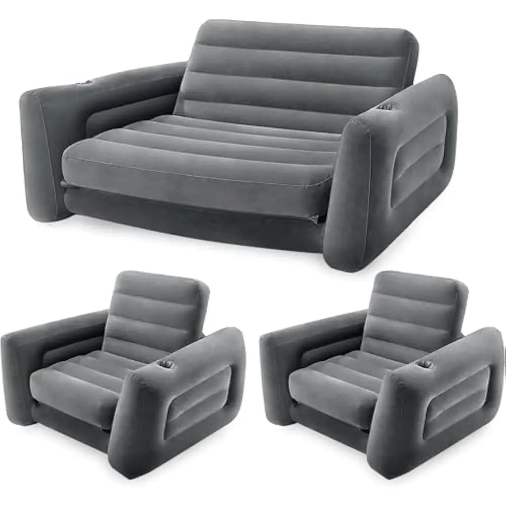Inflatable Furniture Set with Queen Sized Pull-Out Sofa Bed, Gray - Air Mattress, Lounge Chairs, Guest Beds, Living Room Sofa