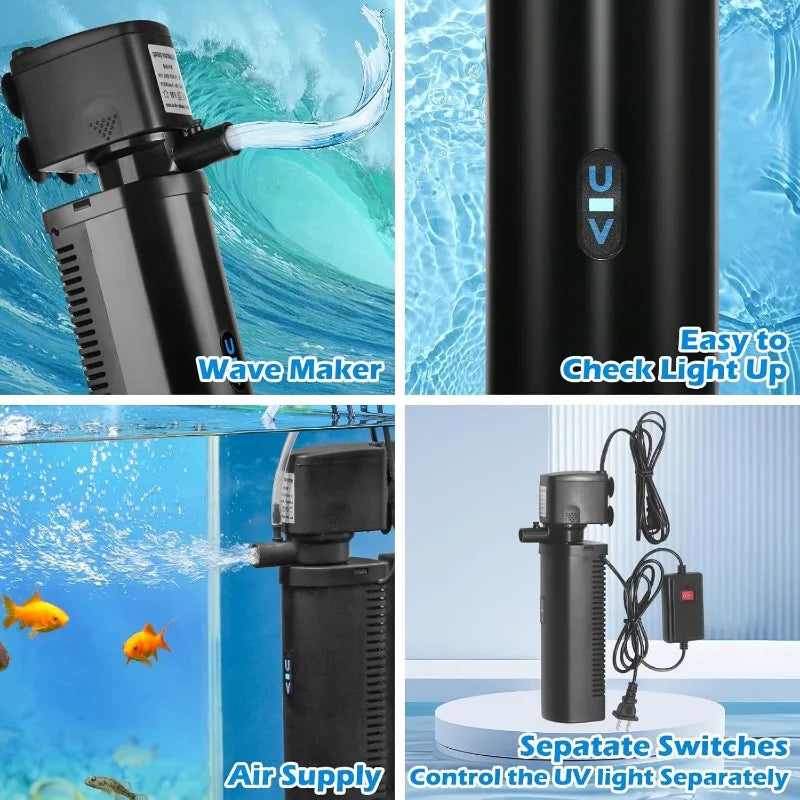 Aquarium Filter U-V for 20-75 Gallon, 200GPH Fish Tank Filter w/ 5W U-V Light Green Clean Machine Submersible Powerful