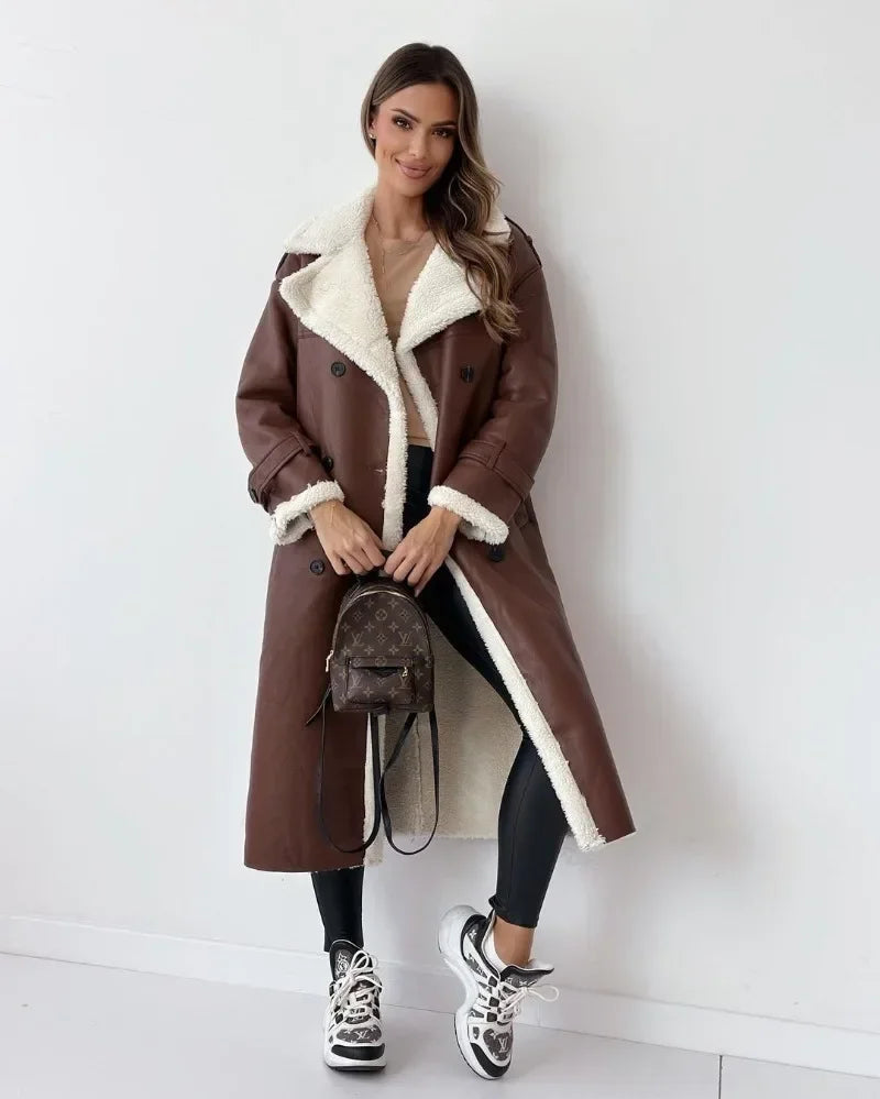 Women Coat Fashion Autumn Winter Clothes Faux Fur Thick Warm Jacket Ladies Long Sleeved Lapel Collar Elegant Soft Coat Outwear