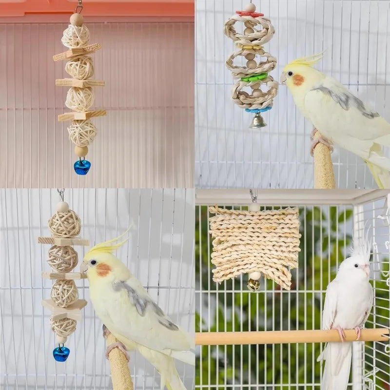 Bird Parrot Wooden Swings Chew Hanging Bell Cage Toys Perch for Small Parakeets Cockatiels Finches Budgie (Bird Swings-8)