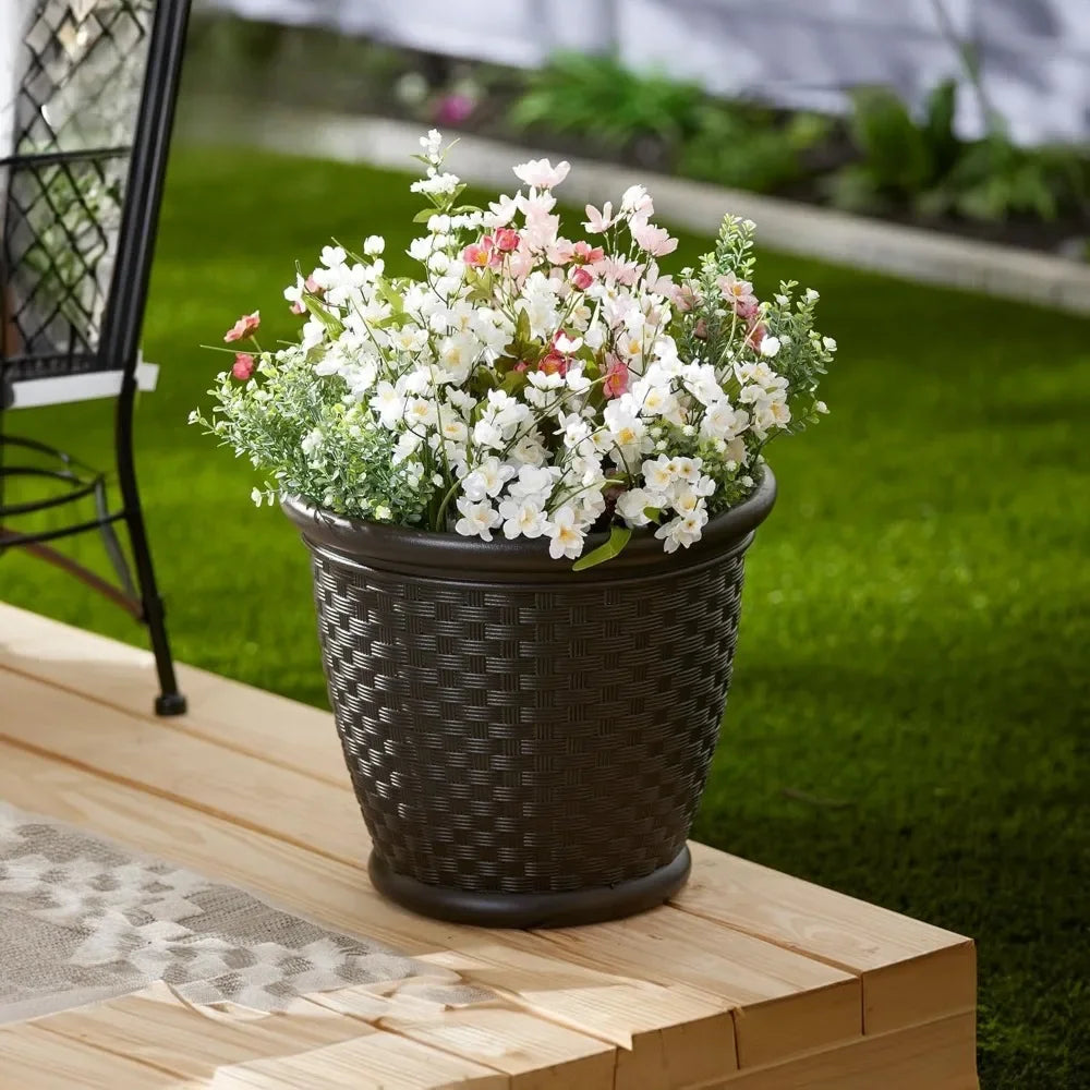 18 Inch Plastic Wicker Decorative Garden Flower Planter Planting Pots for Garden, Backyard (4 Pack)