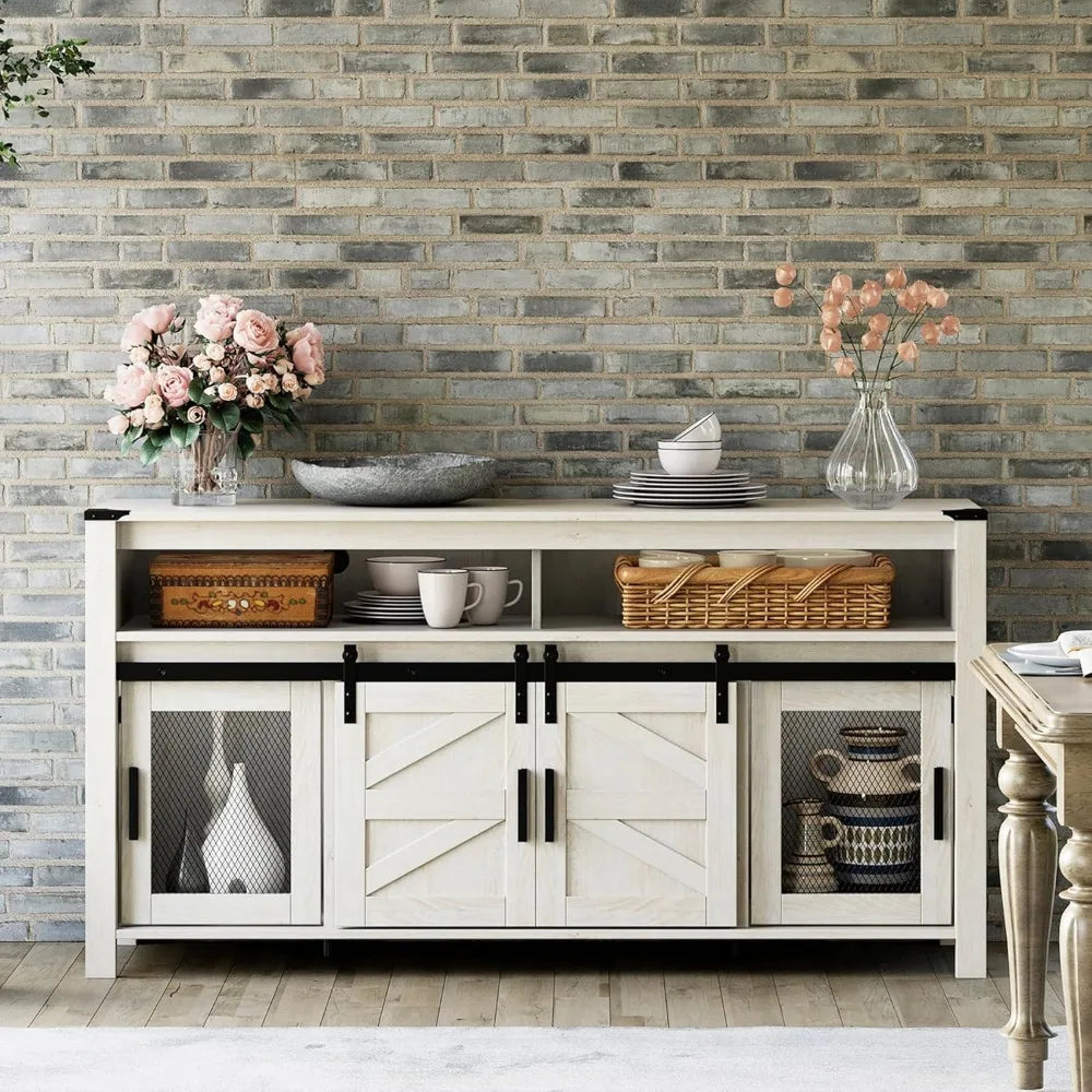 Farmhouse Coffee Bar Cabinet, 59" Buffet Server Sideboard with Sliding Barn Doors, Storage Cabinet Cupboard Table with Mesh Doo