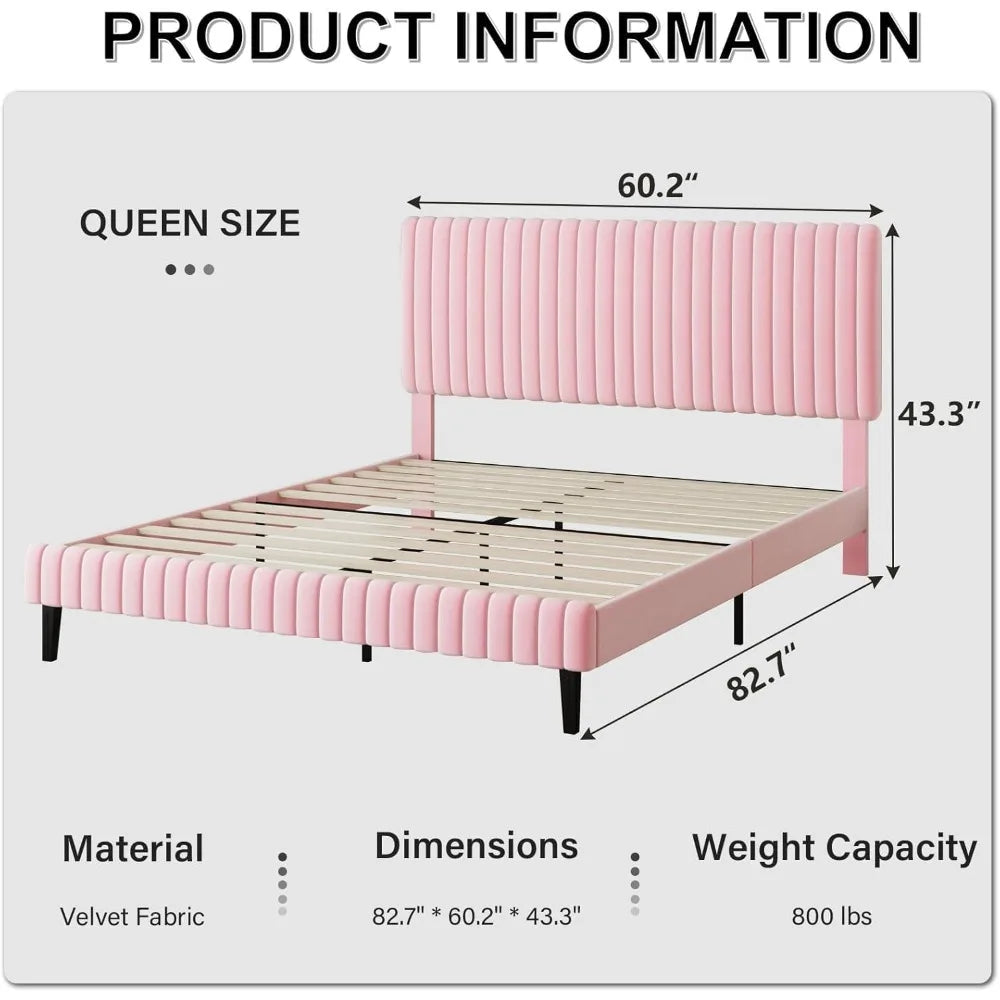 Queen Size Bed Frame with Headboard, Velvet Upholstered Platform Bed with Vertical Channel Tufted Design, No Box Spring Required