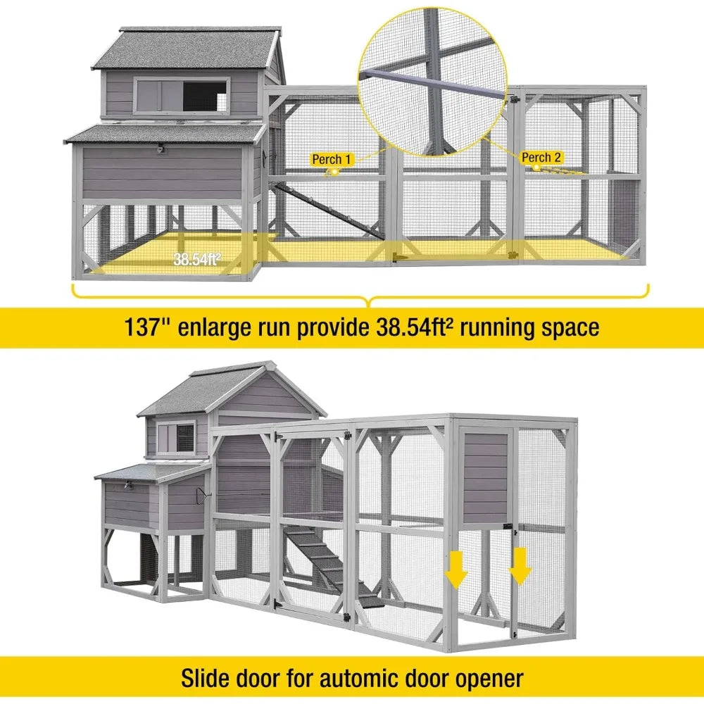 Large Chicken Coop 137" L Hen House Duck Cage for 10-15 Chickens 55ft² with Spacious Run, 6 Nesting Box, 6 Raised Perches