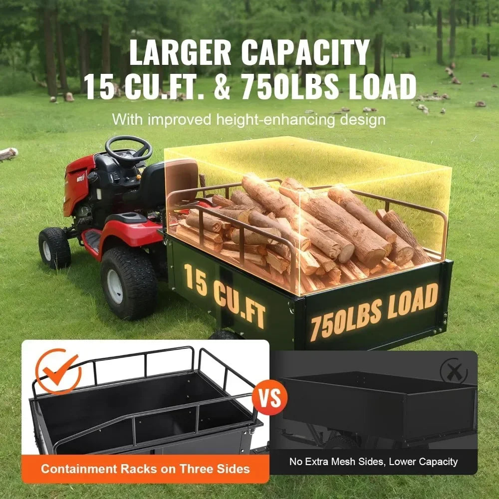 Heavy Duty ATV Trailer Steel Dump Cart Tow Behind, 750 lbs 15 Cubic Feet, Garden Utility Trailer Yard Trailers