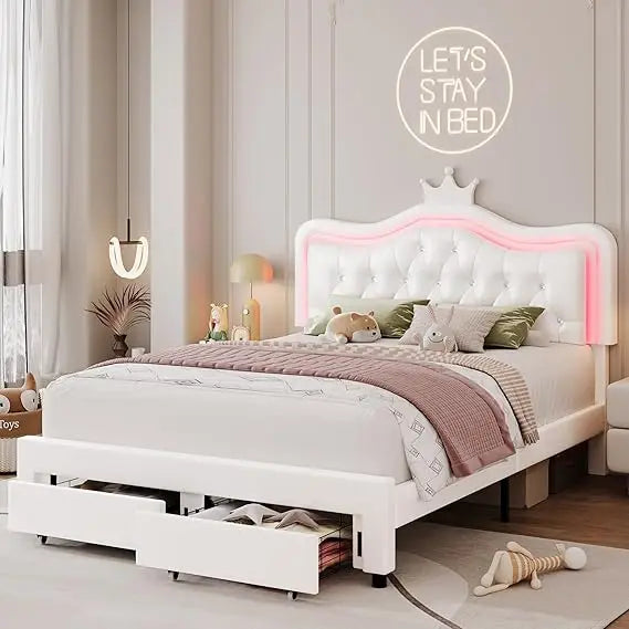 Keyluv Full Upholstered LED Bed Frame with Storage Drawer, Leather Princess Platform Bed with Adjustable Crystal Button Tufted C