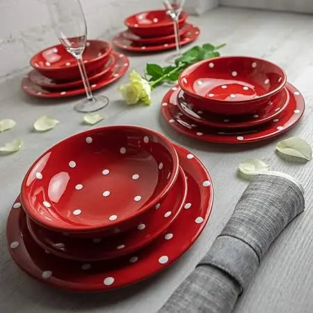 Handmade Red and White Polka Dot Ceramic 12 piece Dinnerware Set | Pottery Tableware Service for 4 | Dinner Plates | Side Plates