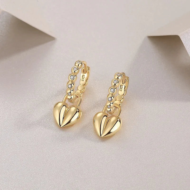JIUZUAN 18K Gold Plated Heart Drop Earrings, 925 Silver with Moissanite, Beaded Hoop Design - Romantic Gift Jewelry for Women