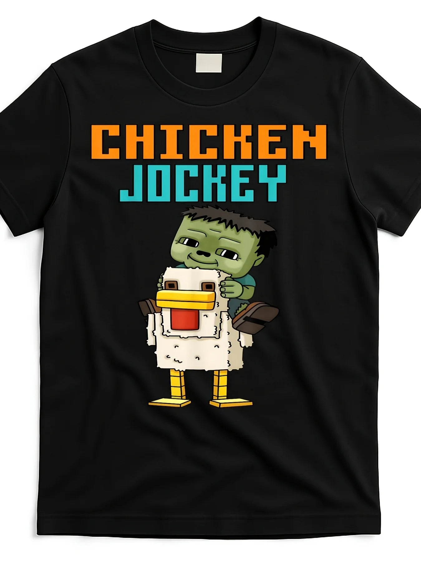 Mens Pixel Art Gamer Chicken Jockey Zombie Graphic T-Shirt Black Casual Crew Neck Short Sleeve Tee with Pixelated Design