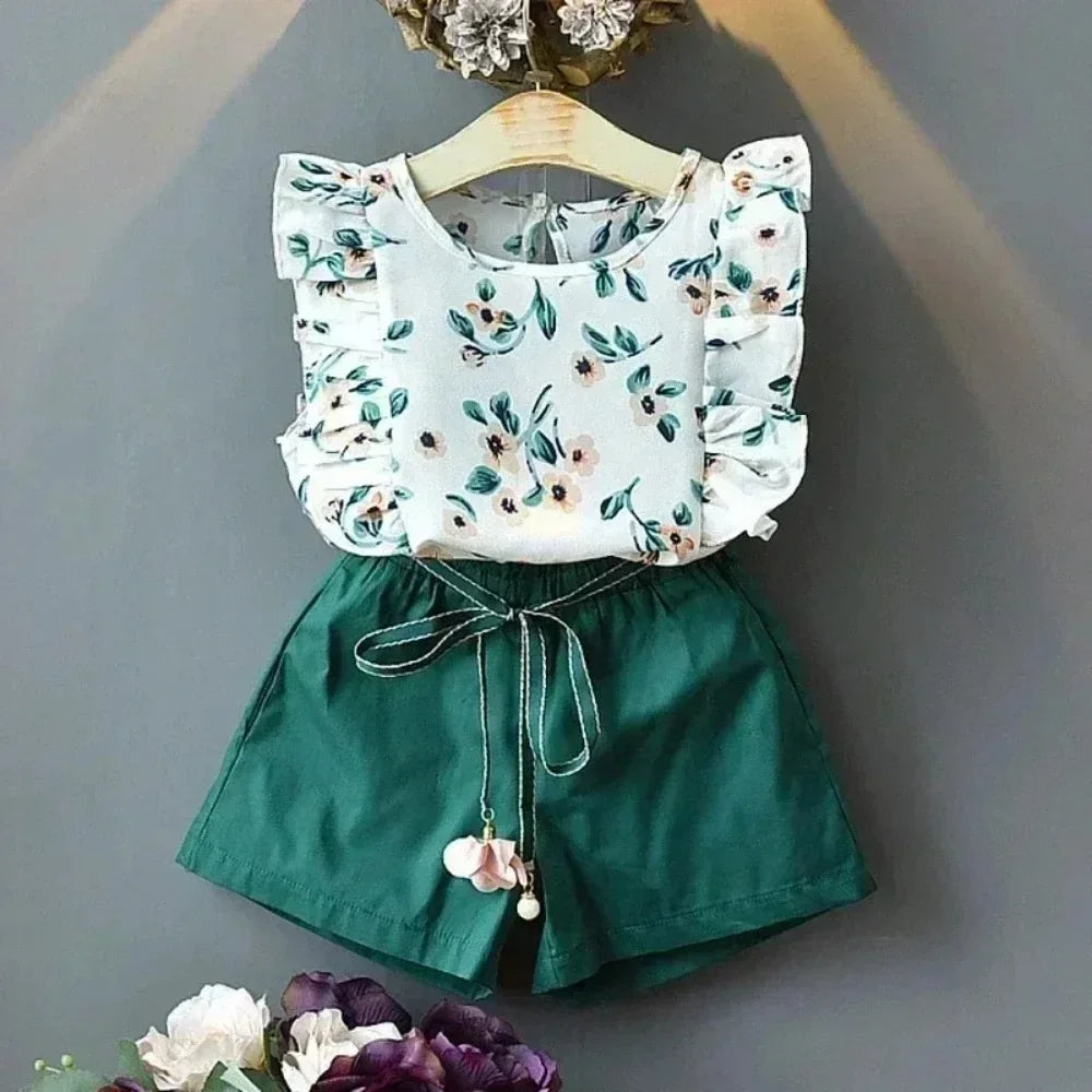 Kids Clothes Girls Set Sleeveless T-shirt+Shorts 2PCS/Sets Baby Girls Clothes Chiffon Shirt Flower Print Children Girls Clothes