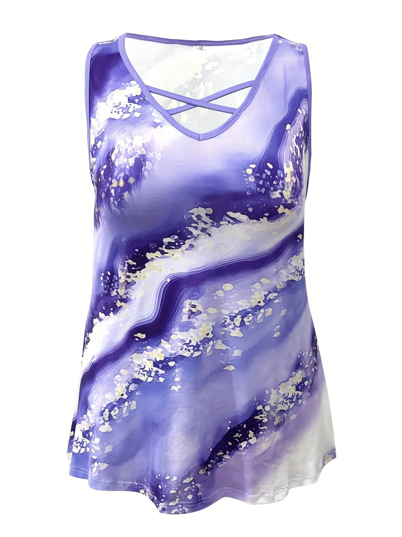 Plus Size Marble Print Tank Top Casual Criss Cross Sleeveless V Neck Top For Summer & Spring Women's Plus Size Clothing