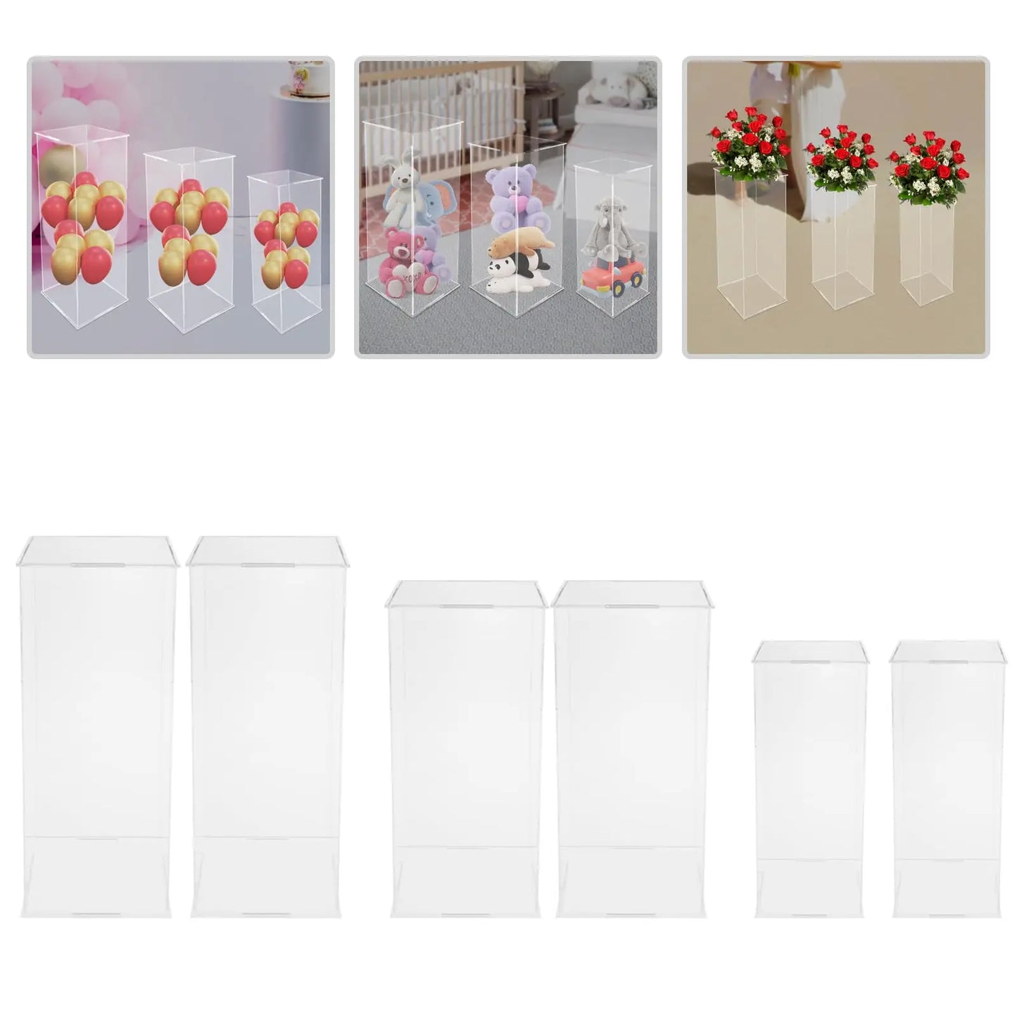 2 Pack Acrylic Pedestal Display, Tall Clear Column with Lid Flower Tower Weddings Special Events Display Box Rectangle Stand Whi
