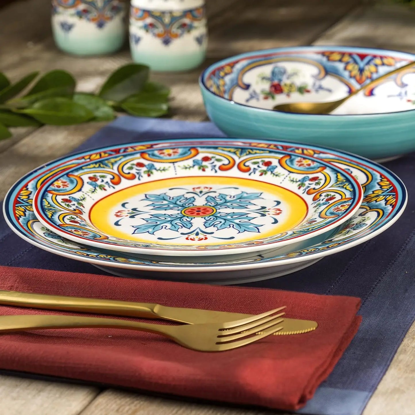 Zanzibar Double Bowl 16-Piece Dinnerware Set | Fine Kitchenware | Floral Multicolor Design Stoneware Tableware Service For 4