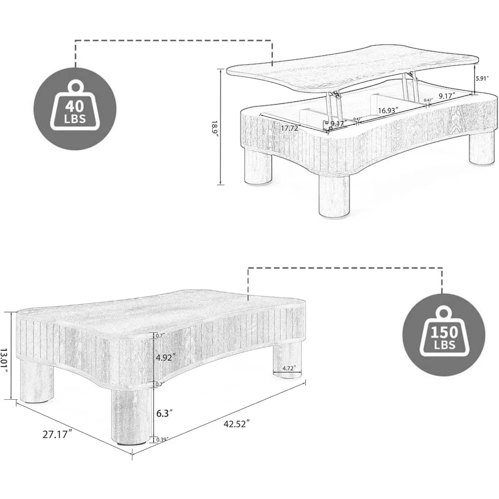 Lift Top Coffee Table with Hidden Storage, Lift Up Coffee Tables with Silent Hydraulic Lift, Cloud Shape Low Center Table Accent