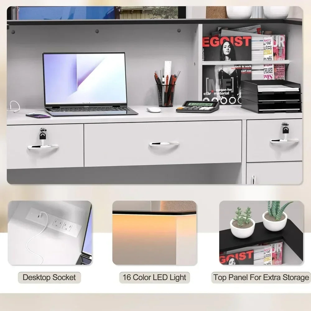 Reception Desk with Counter, 50-inch Checkout Counter with LED Lights Modern Front Table Equipped Lockers & Storage Shelves