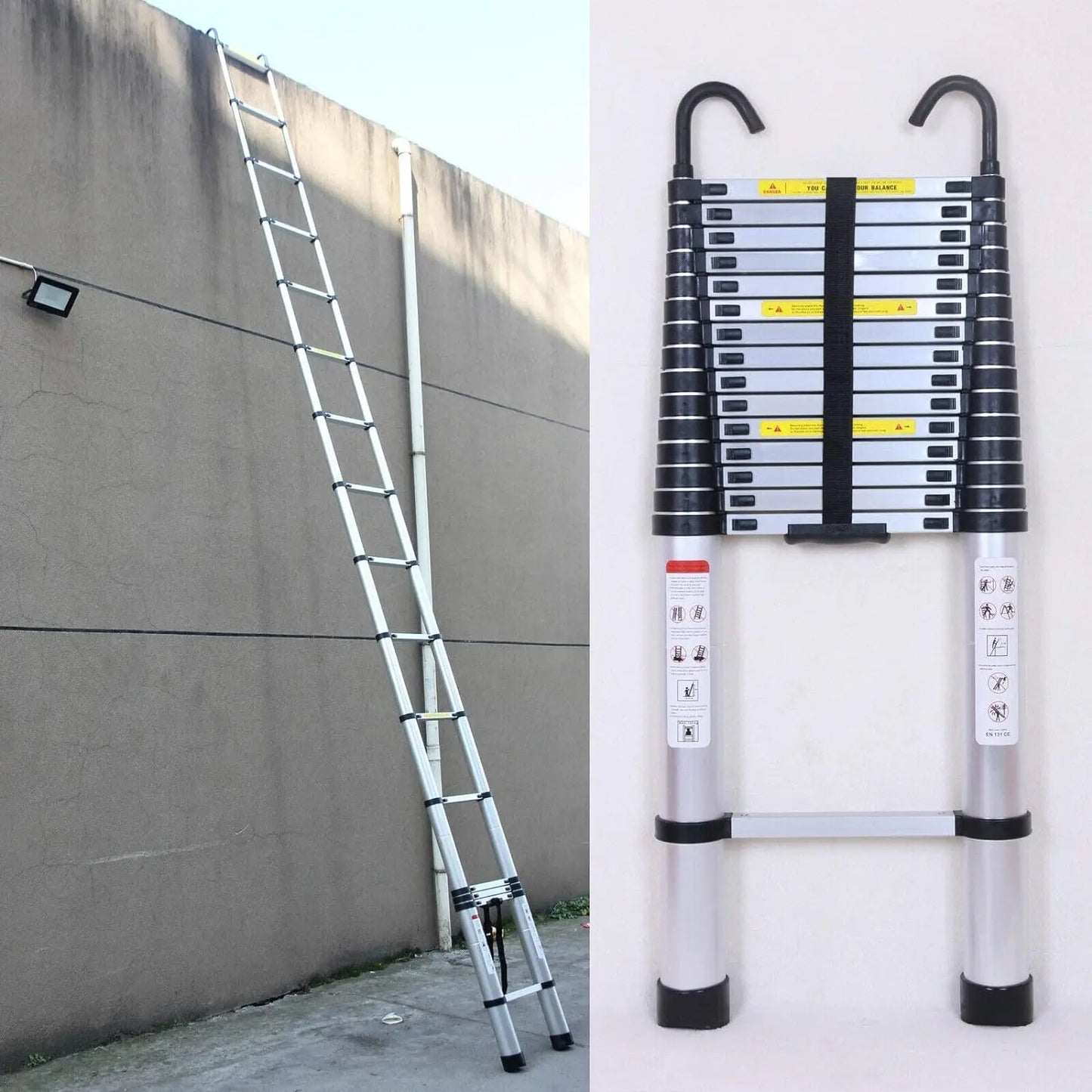 DayPlus Multi-Purpose 6.2M Telescopic Ladder with Removable Hook Aluminium Folding Ladder Non-Slip Extendable Robust 150kg/330lb