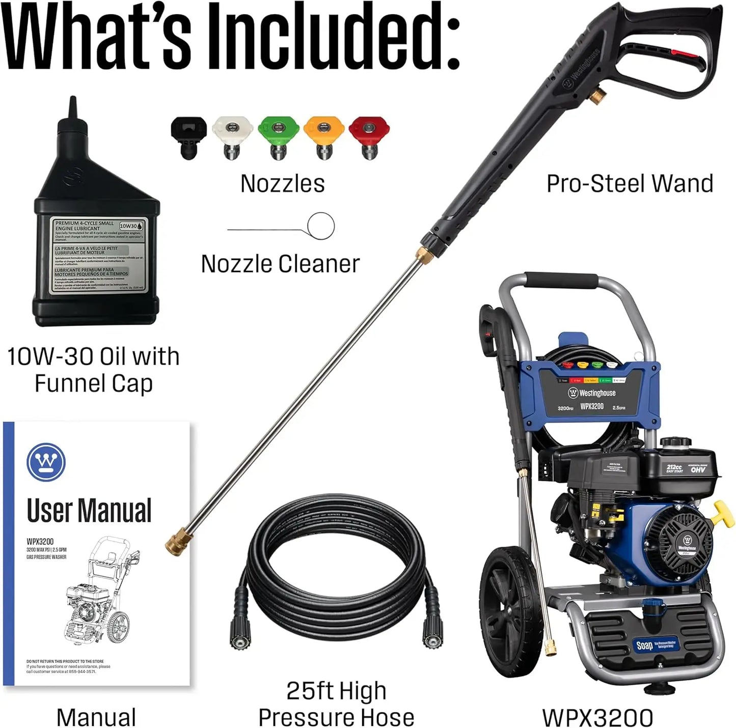 WPX3200 Gas Pressure Washer, 3200 PSI and 2.5 Max GPM, Onboard Soap Tank, Spray Gun and Wand, 5 Nozzle Set, for Cars/Fences