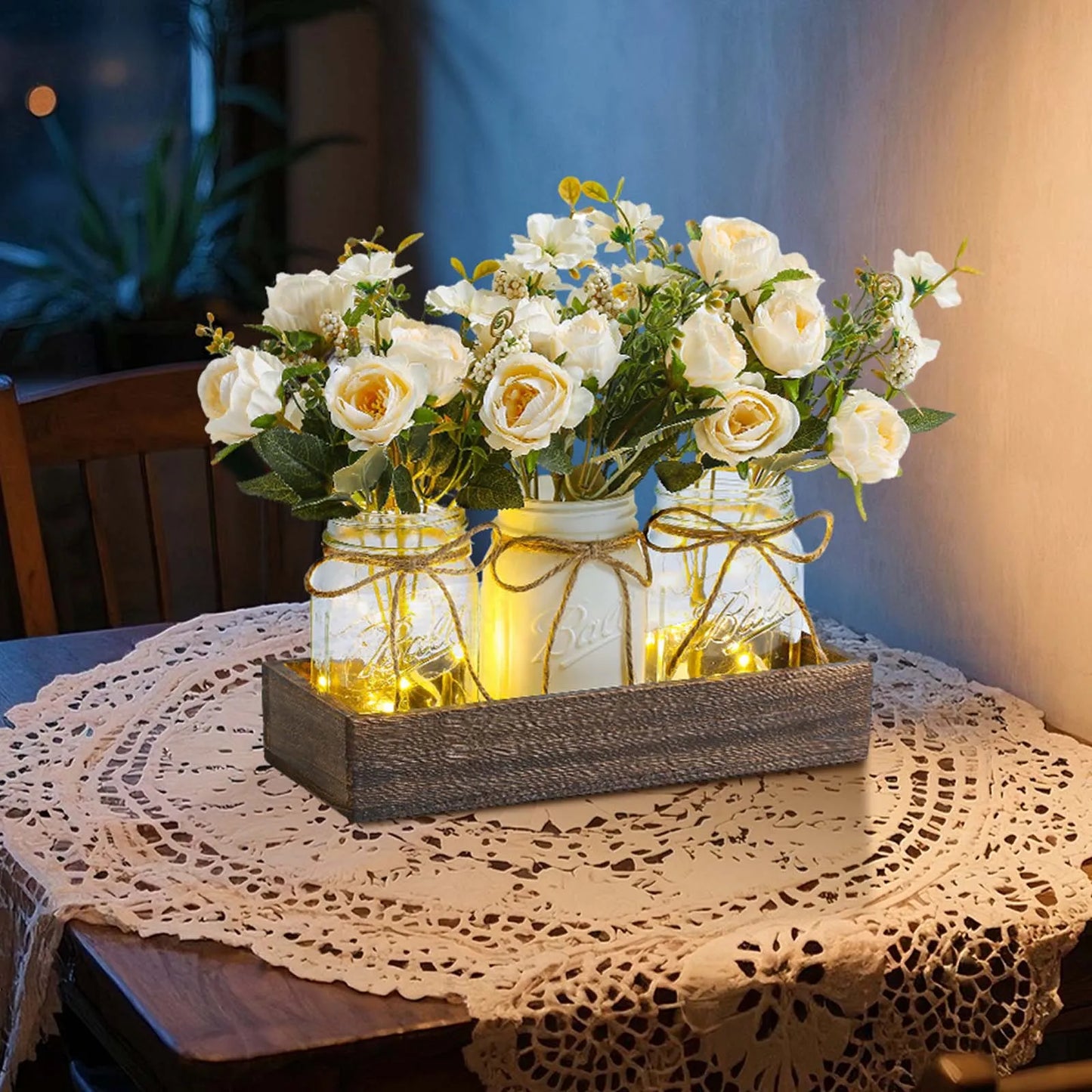 Artificial silk flowers with LED lights in a wooden box, artificial flowers with vase for home office desk kitchen decoration, V