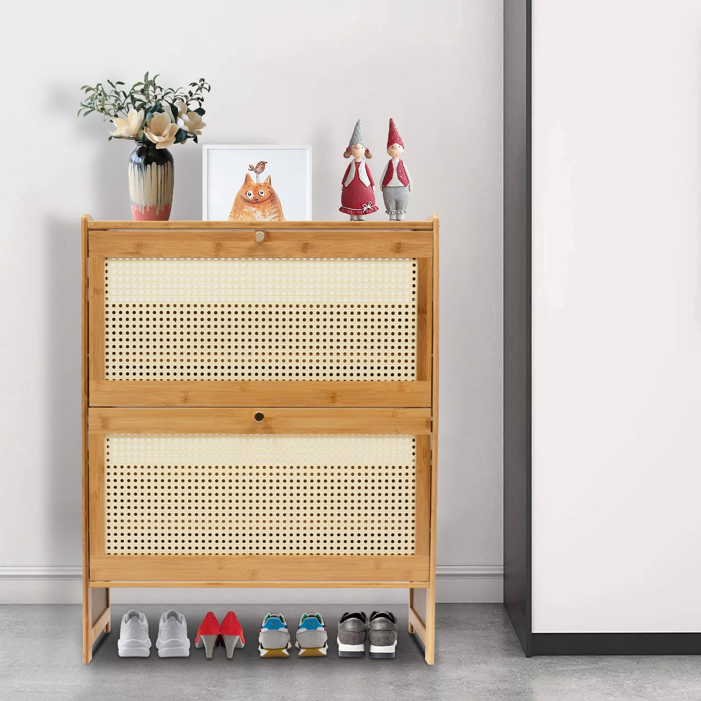 4-tier Rattan Shoe Cabinet Free-standing Shoes Storage Household Space Saving Cabinet for Entryway Hallway W/ 2 Fold-out Doors