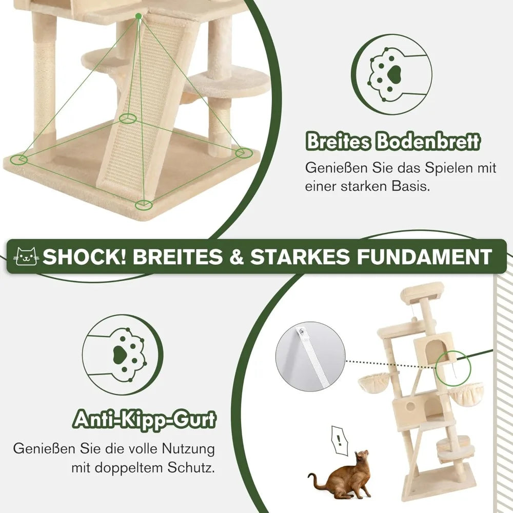 66 Inches Multi-Level Large Cat Tree Tower for Indoor Big Feline/Cozy Plush Perches/Condo/Sisal Scratching Posts