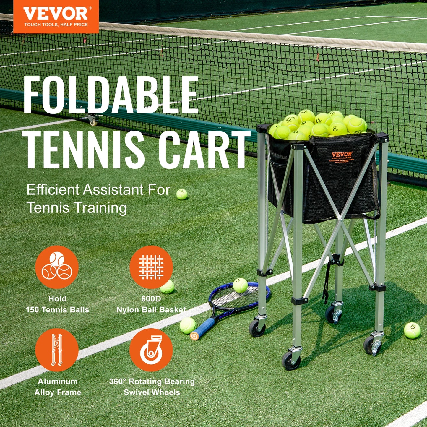 VEVOR Foldable Tennis Ball Cart Holds 150/180 Tennis Balls Basket Hopper with Wheels Sports Teaching Portable Baseball Trolley