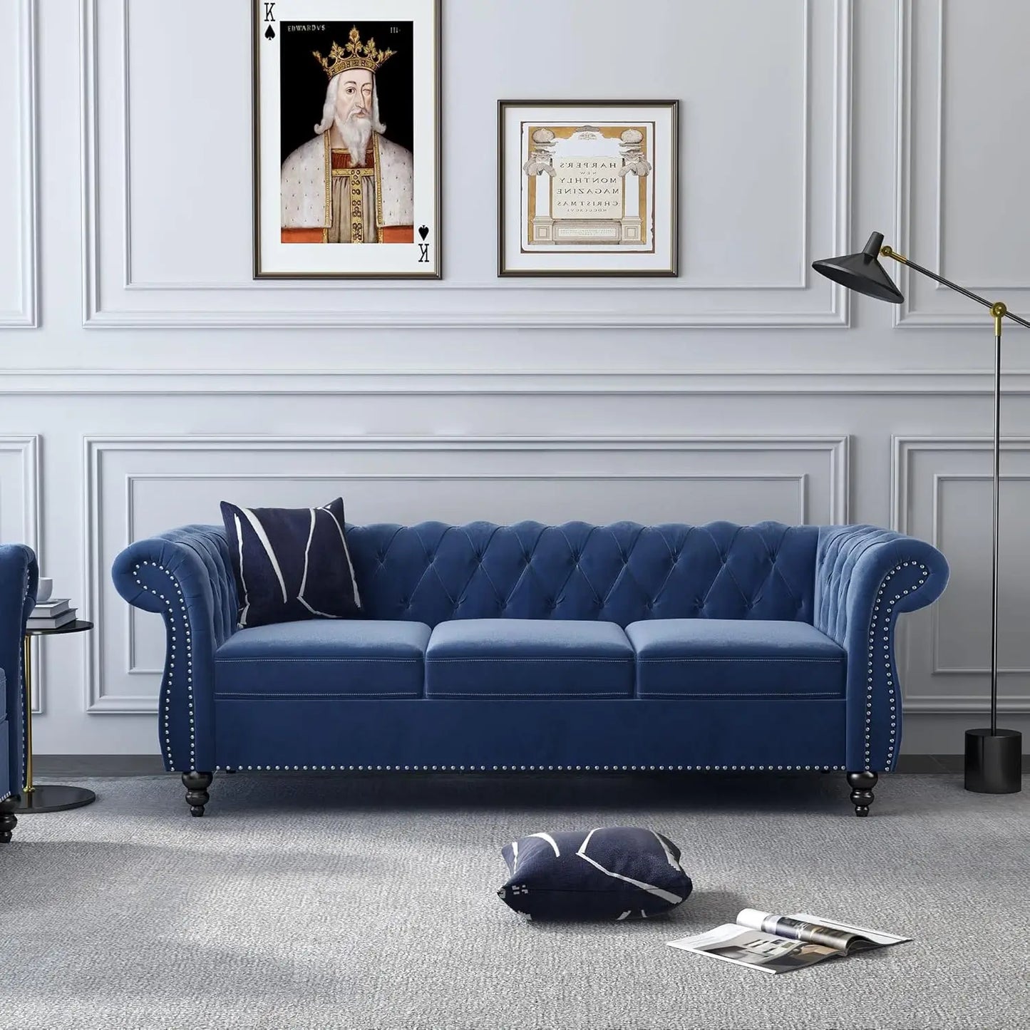 Chesterfield Sofa Velvet, Modern Tufted Couch 3 Seater with Rolled Arms and Nailhead for Living Room, Bedroom, Office, Apartment
