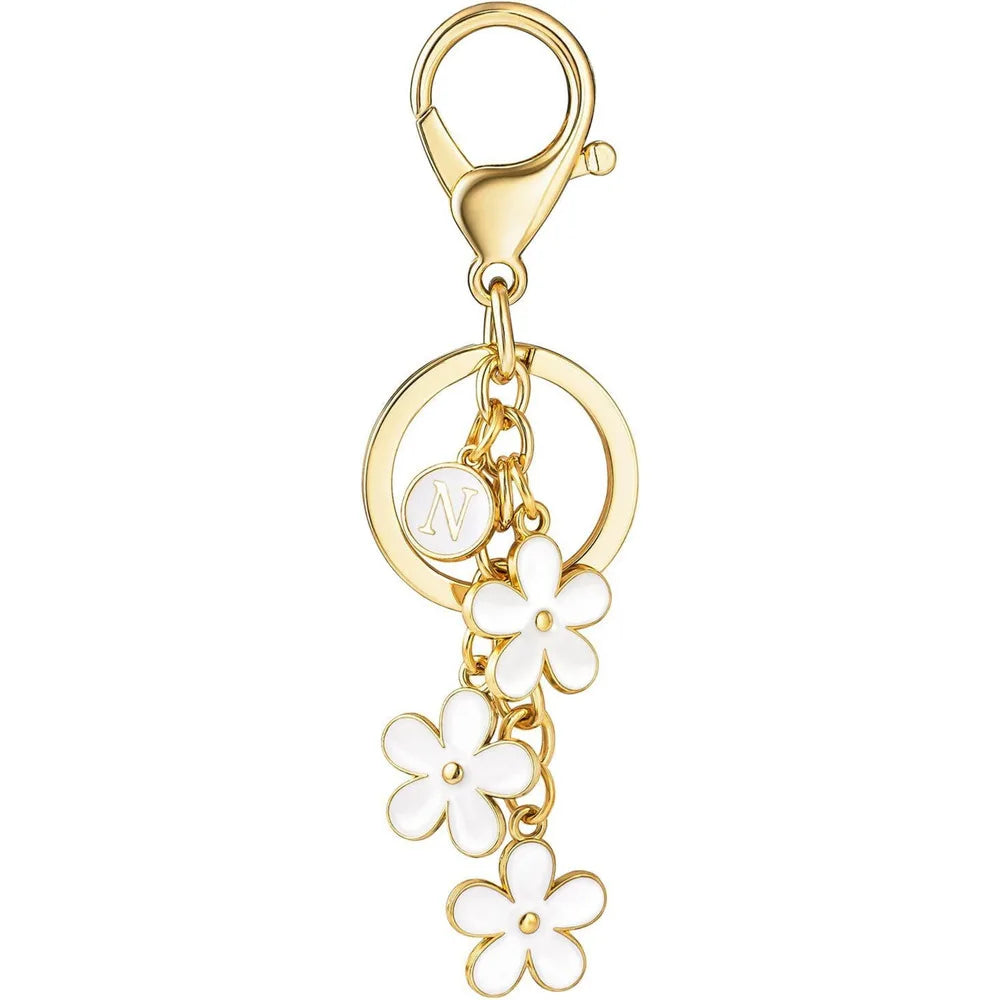 Initial Keychain White/Pink Flower Charms Key Cute Letter Keyring For Handbag Backpack