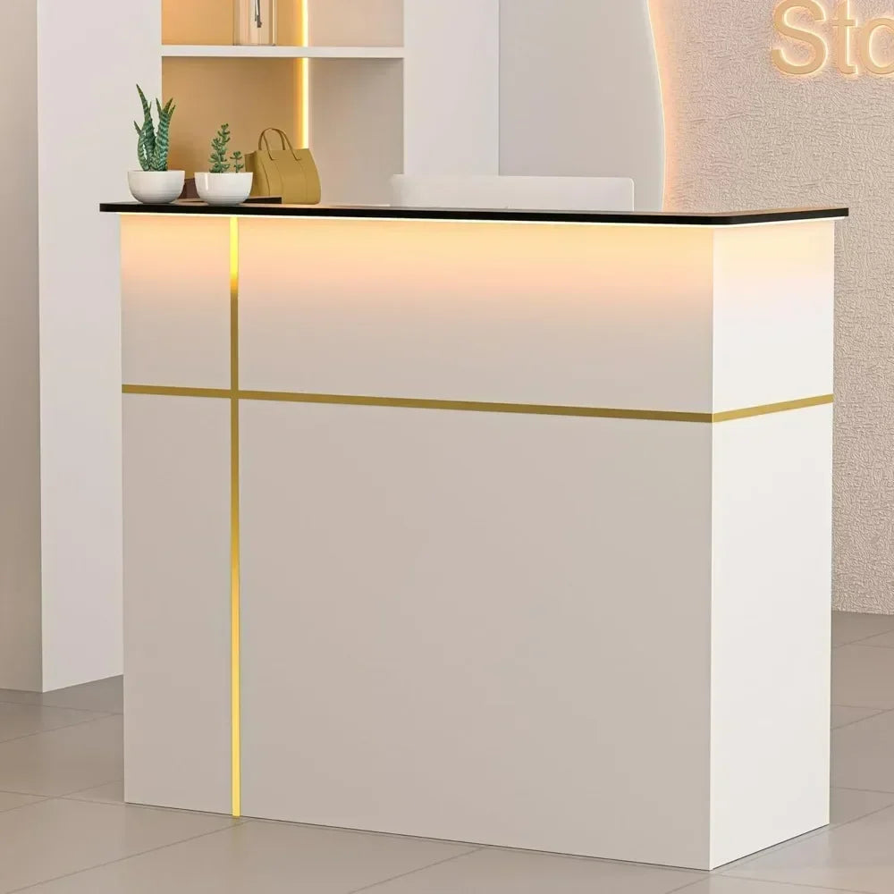 Reception Desk with Counter, 50-inch Checkout Counter with LED Lights Modern Front Table Equipped Lockers & Storage Shelves