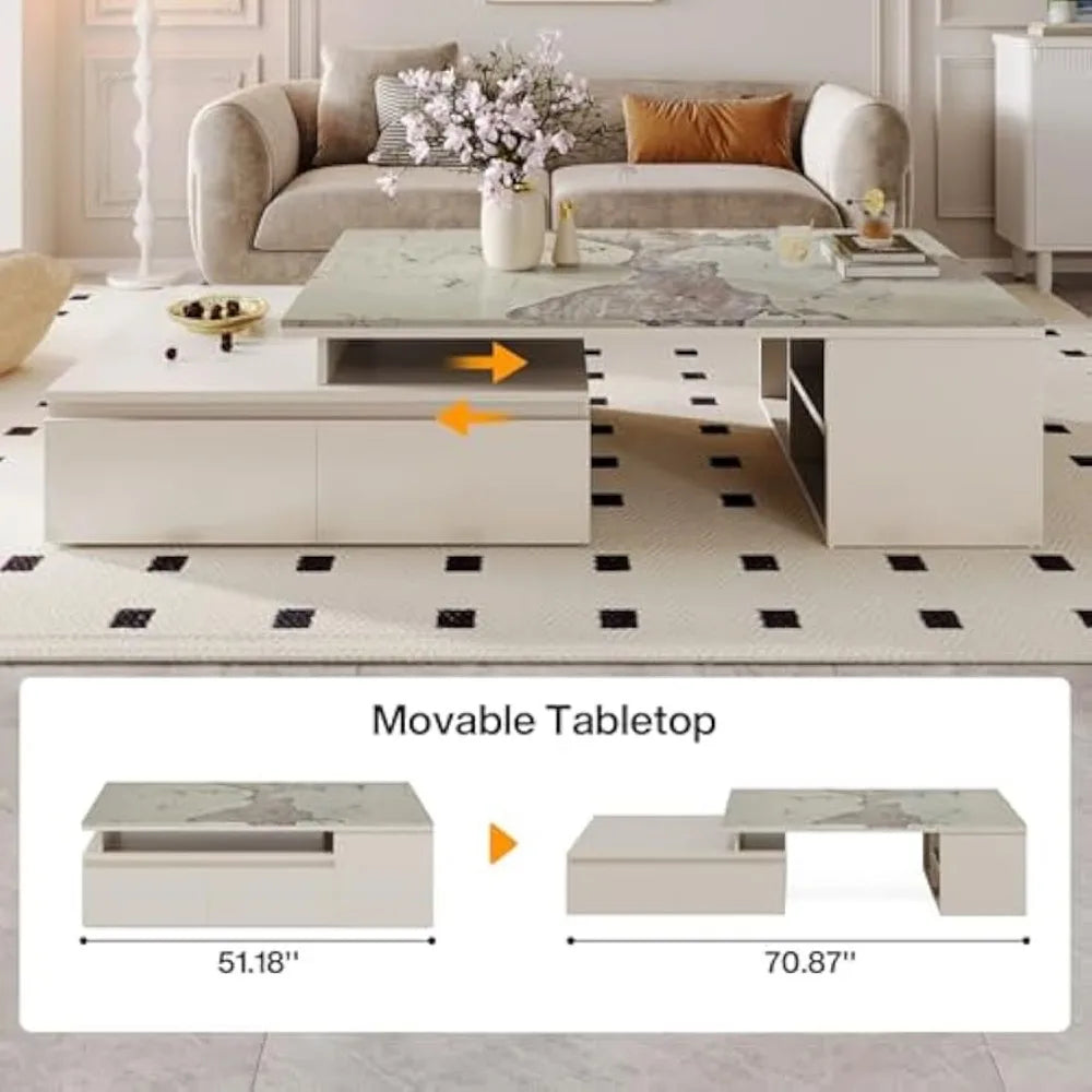 Extendable Tabletop Coffee Table with 4 Drawers and Storage Shelf Modern Design 51 Inch to 71 Inch Center Table for Living Room Beige