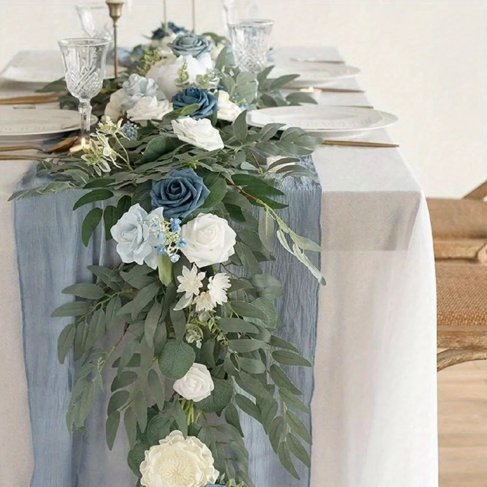 5.9ft Eucalyptus Willow Leaf Garland with Flower, Handcrafted Wedding Sweetheart Table Centerpieces Arch Backdrop Decorations