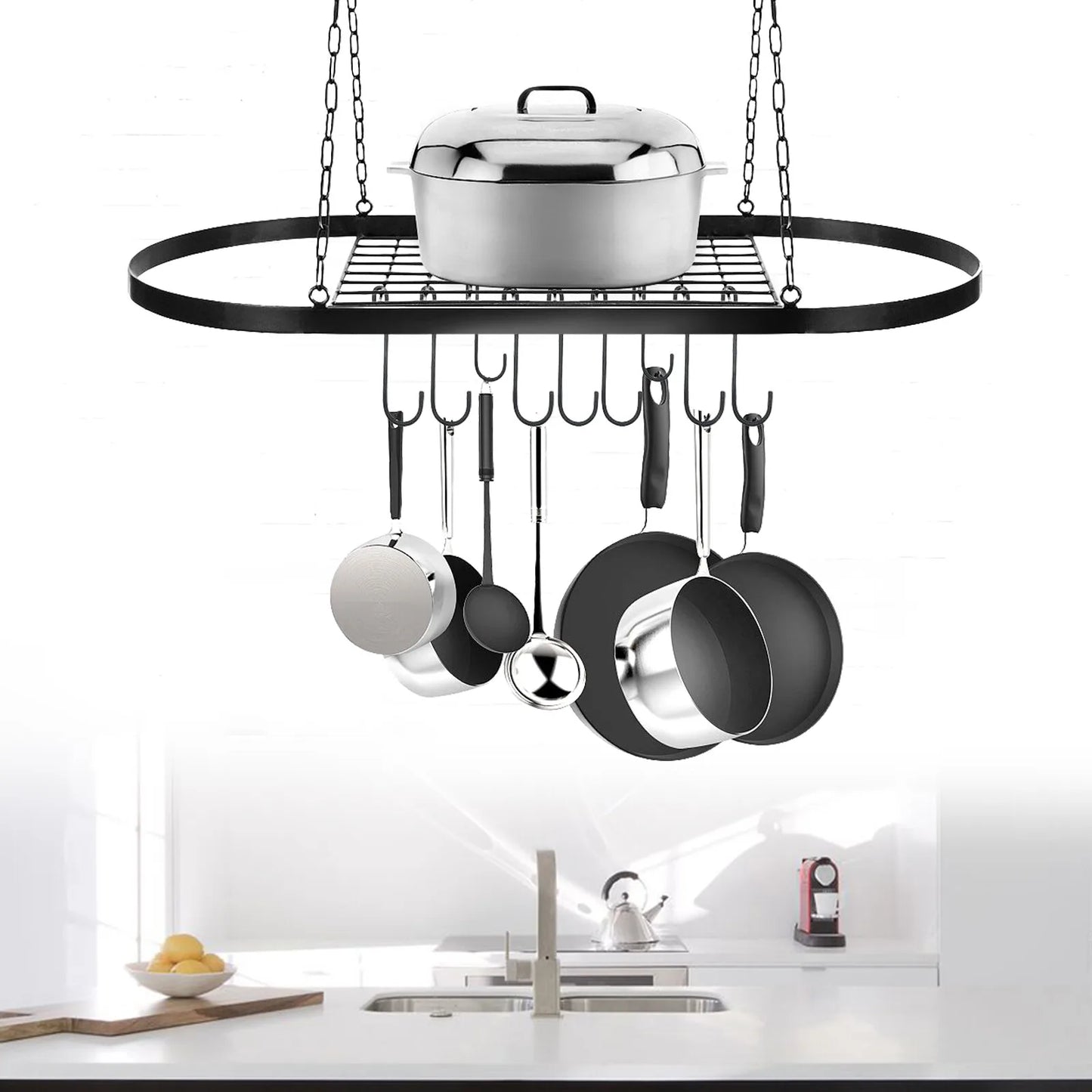 Pot & Pan Rack Ceiling Mounted kitchenware Holder Hanging Storage Shelf w/10Hook