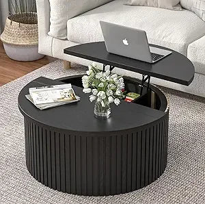 Round Fluted Lift Top Coffee Table with Storage 34.6 Inch Farmhouse Round Coffee Table for Living Room Circle Wood Accent Center