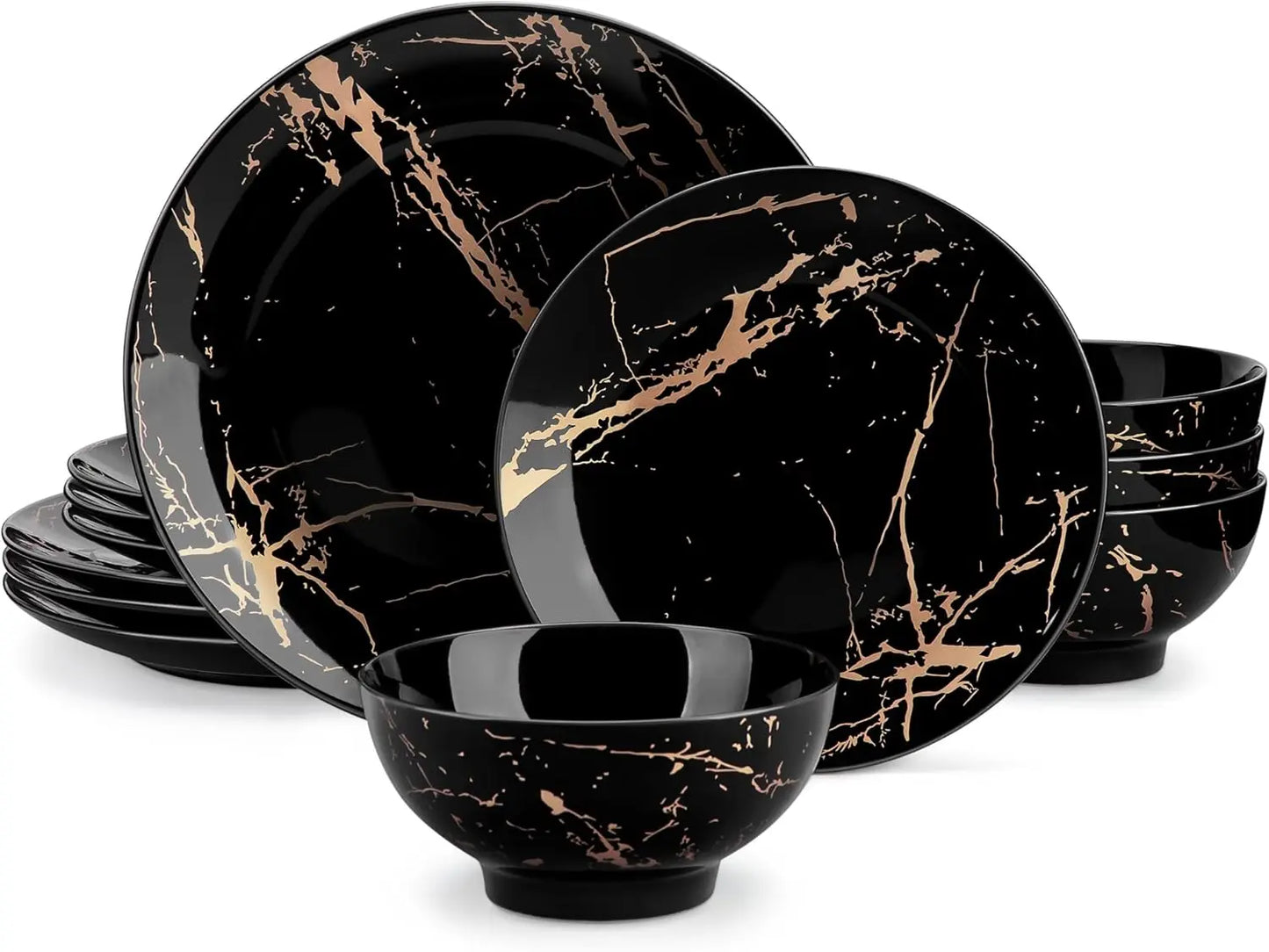 Plates and Bowls Sets for 4, 12 Pieces Porcelain Dinnerware Sets, Black and Gold Dish Set Gold Splash Dishware Sets, Dishwasher