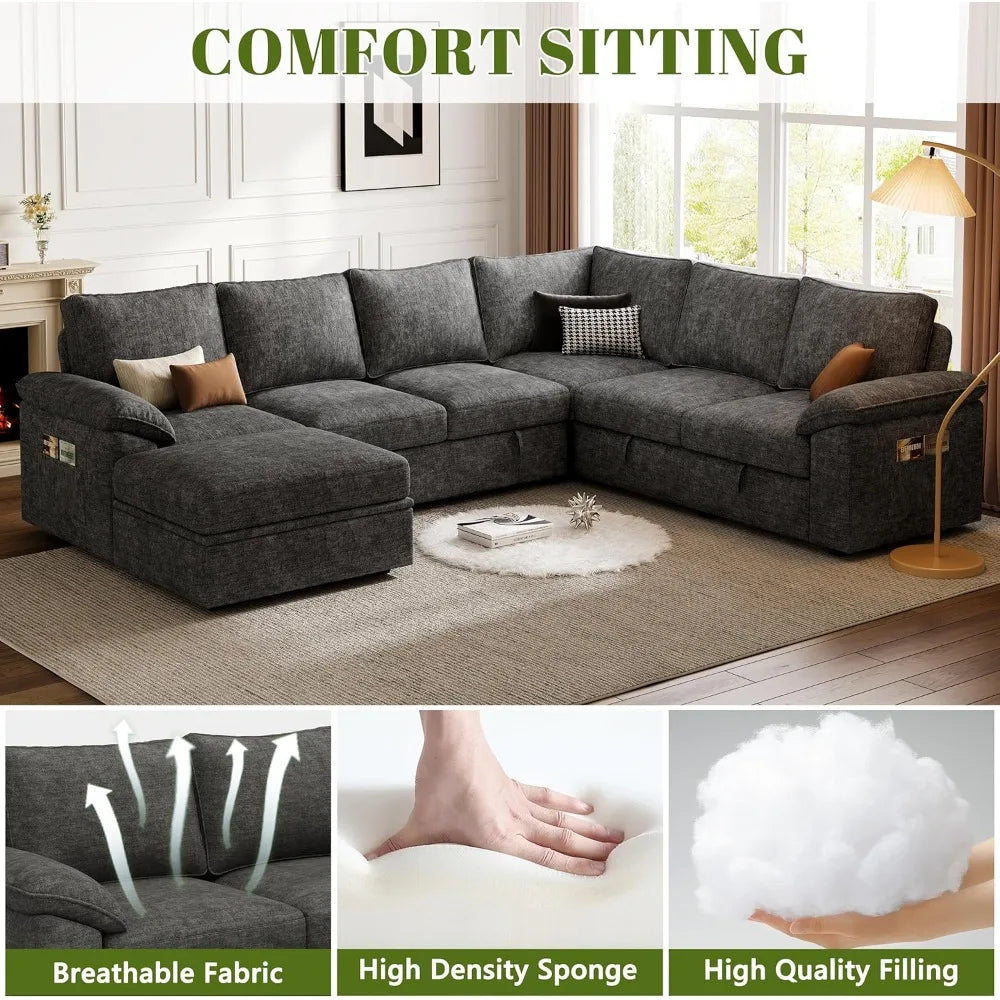 108 Inch Sectional Sleeper Sofa with Pull Out Bed, U Shaped 7 Seat Modular Sectional Sofa with Storage, Sectional Couches for Li
