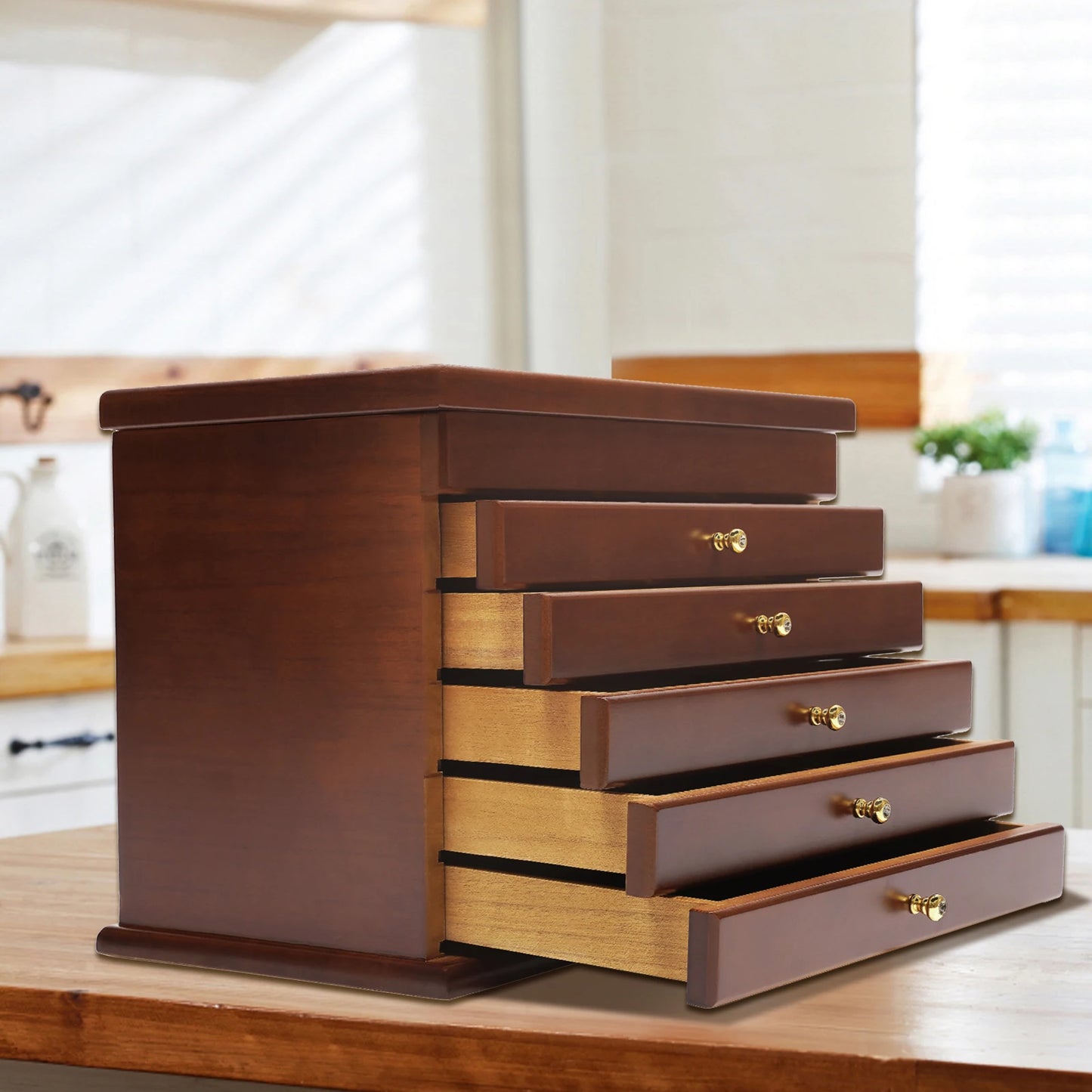 6-layer Walnut Jewellery Box Organizer with Exquisitely Carved Flowers Design,Rings Earrings Storage for Christmas New Year Gift