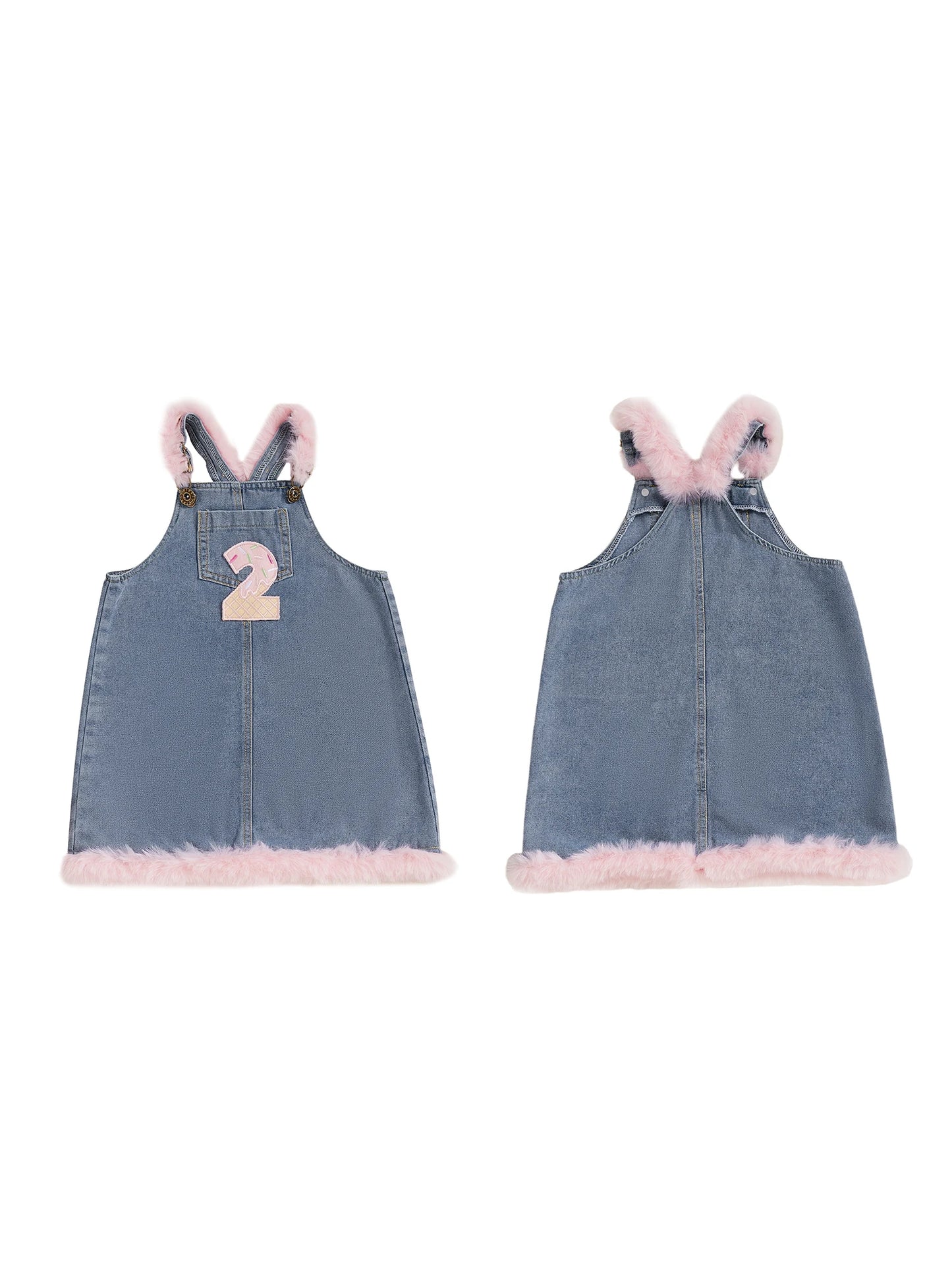 Toddler Boy Blue Denim Overall Jumpsuit with Bear Embroidery and Fleece Lining for Winter Autumn Spring Wear