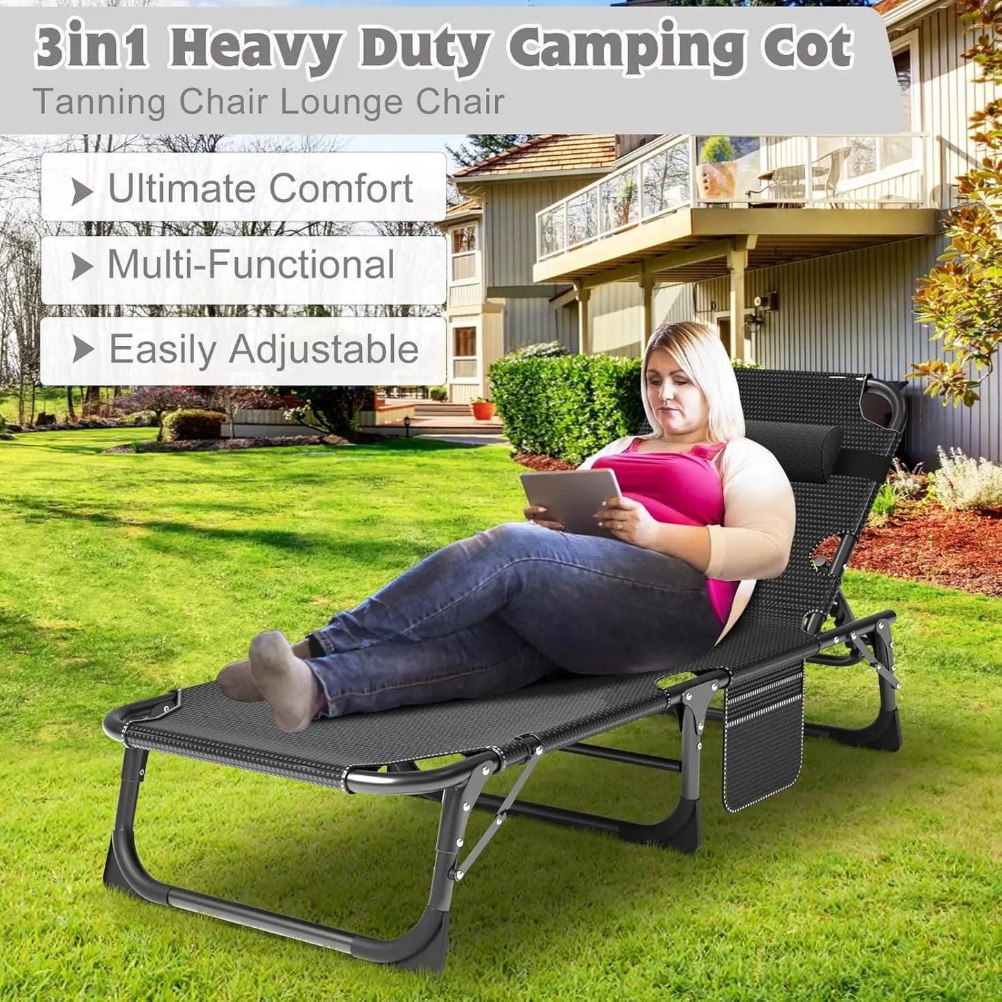 Chaise Lounge Chair,5 Positions Padded Outdoor Tanning Chair,Heavy Duty Portable Lounge Chair for Outdoor Sunbathing Patio