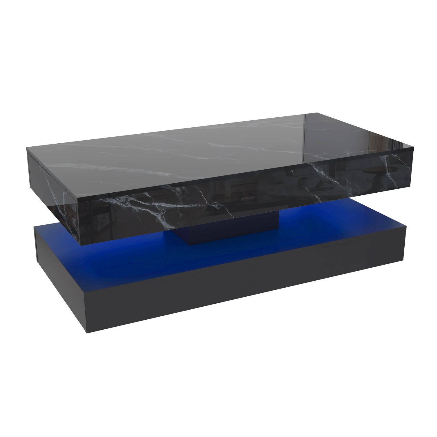 Modern Stylish Coffee Table with LED Lights Double Layer Design and Two Storage Drawers for Living Room