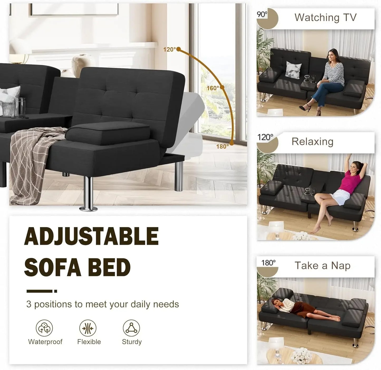 Modern Linen Upholstered Convertible Folding Futon Sofa Bed with Removable Armrests, Metal Legs, 2 Cup Holders for Living Room