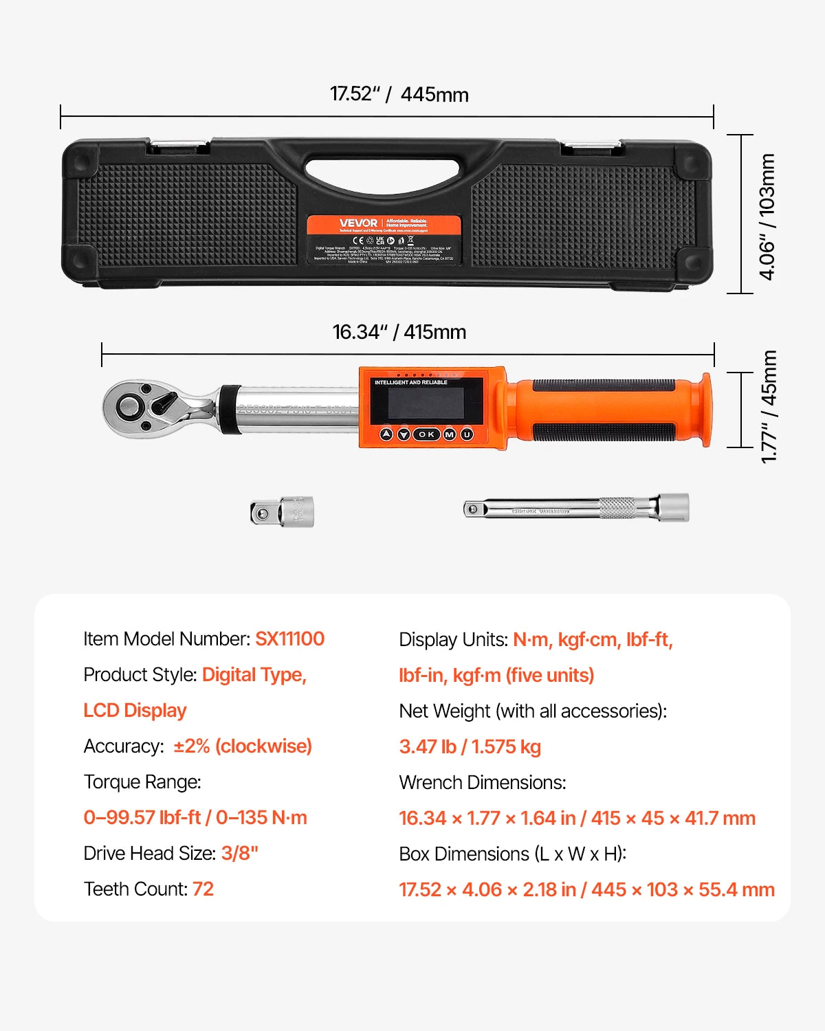 VEVOR Digital Torque Wrench 72-Tooth ±2% High Accuracy Electronic Torque Wrench Preset Value Buzzer and LED Notification