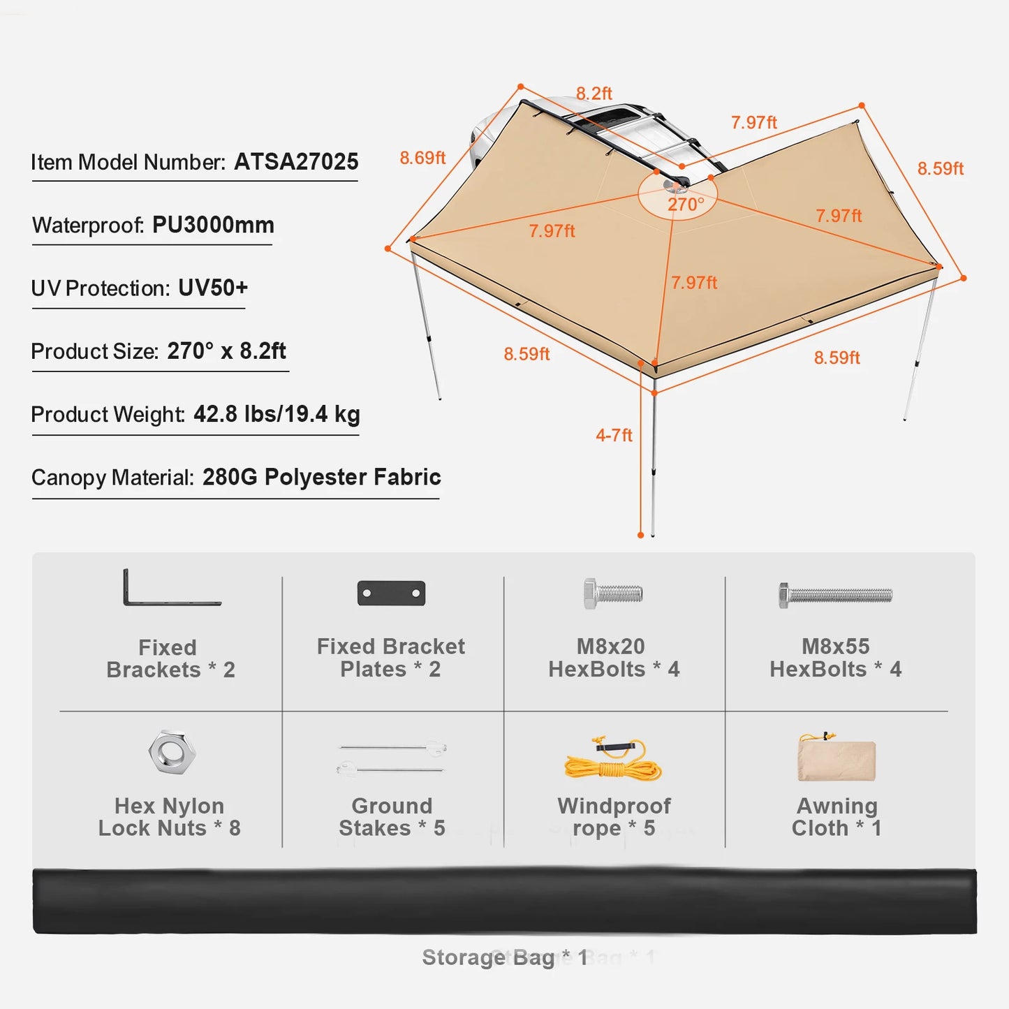 VEVOR Vehicle Awning  Retractable Car Side Awning Car Awning with Waterproof Storage Bag  Suitable for Truck SUV Van Campers