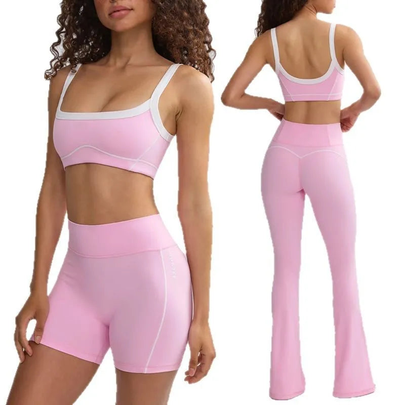New Yoga Set Workout Clothes for Women Sports Bra Shorts Leggings Two-piece Set Outfits Pink Contrast Gym Set Tracksuit Women