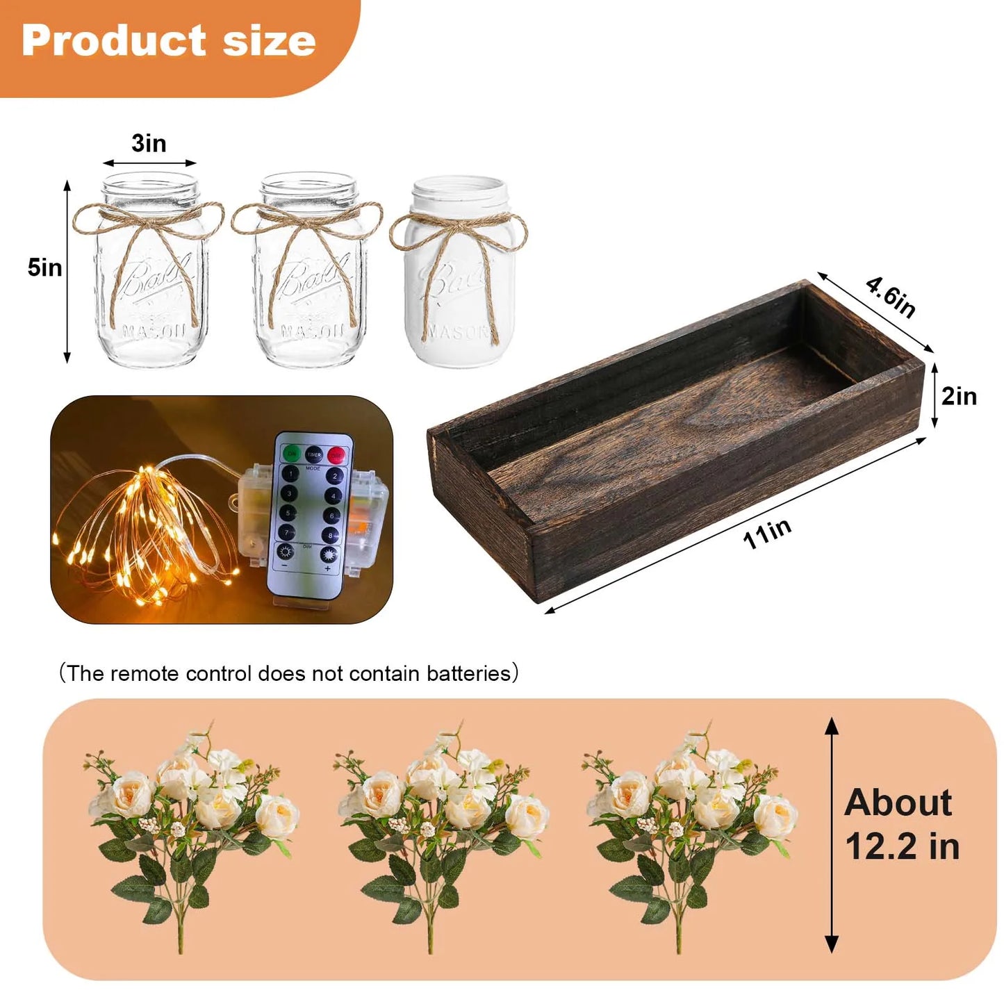 Artificial silk flowers with LED lights in a wooden box, artificial flowers with vase for home office desk kitchen decoration, V