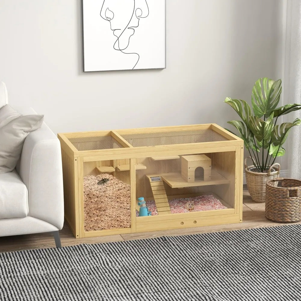 Wooden Hamster Cage, Extra Large Gerbil Cage, Multi-Layer Small Animal Cage for Dwarf Hamster, Activity Center with Pull-Out Tr
