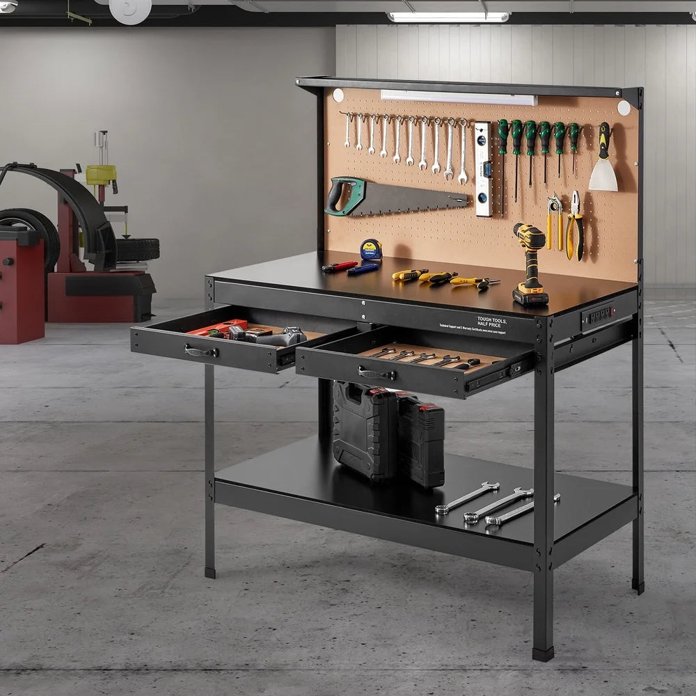 Multifunctional Workbench with Pegboard Power Outlets Heavy Duty A3 Steel Garage Workshop with LED Light Organized Storage