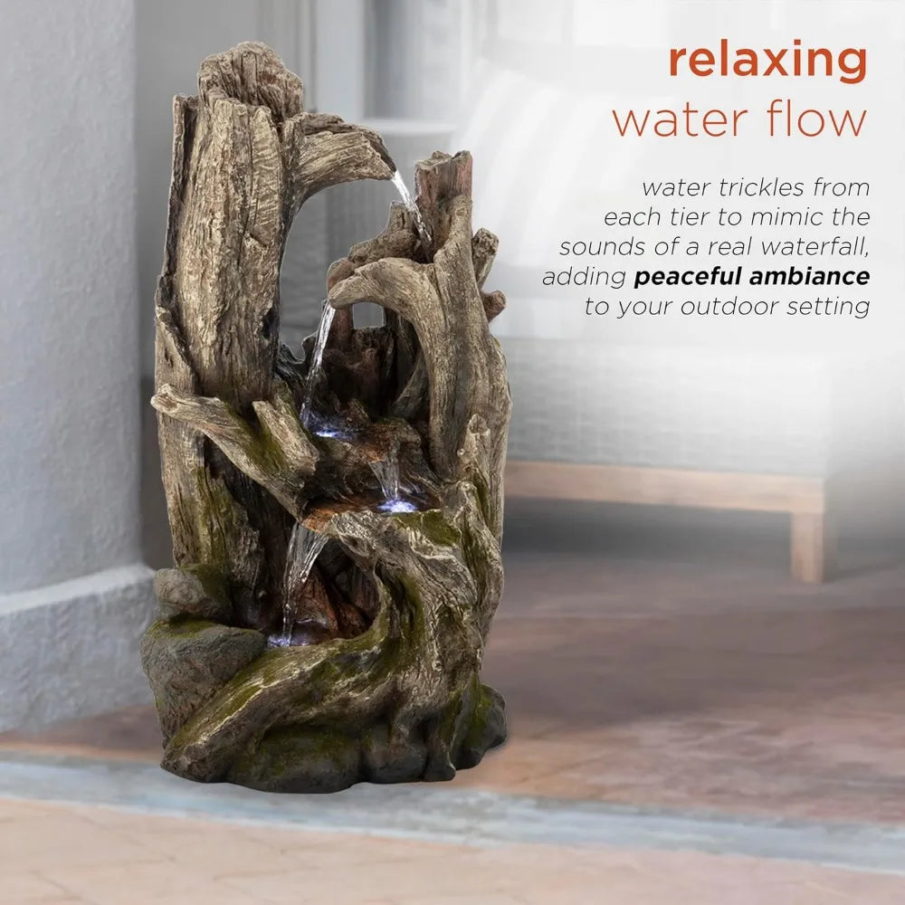 WIN786 4 Tier Rainforest Tree Trunk Waterfall Fountain with LED Lights Outdoor Garden, Patio, Yard and Porch Decor, 40"H