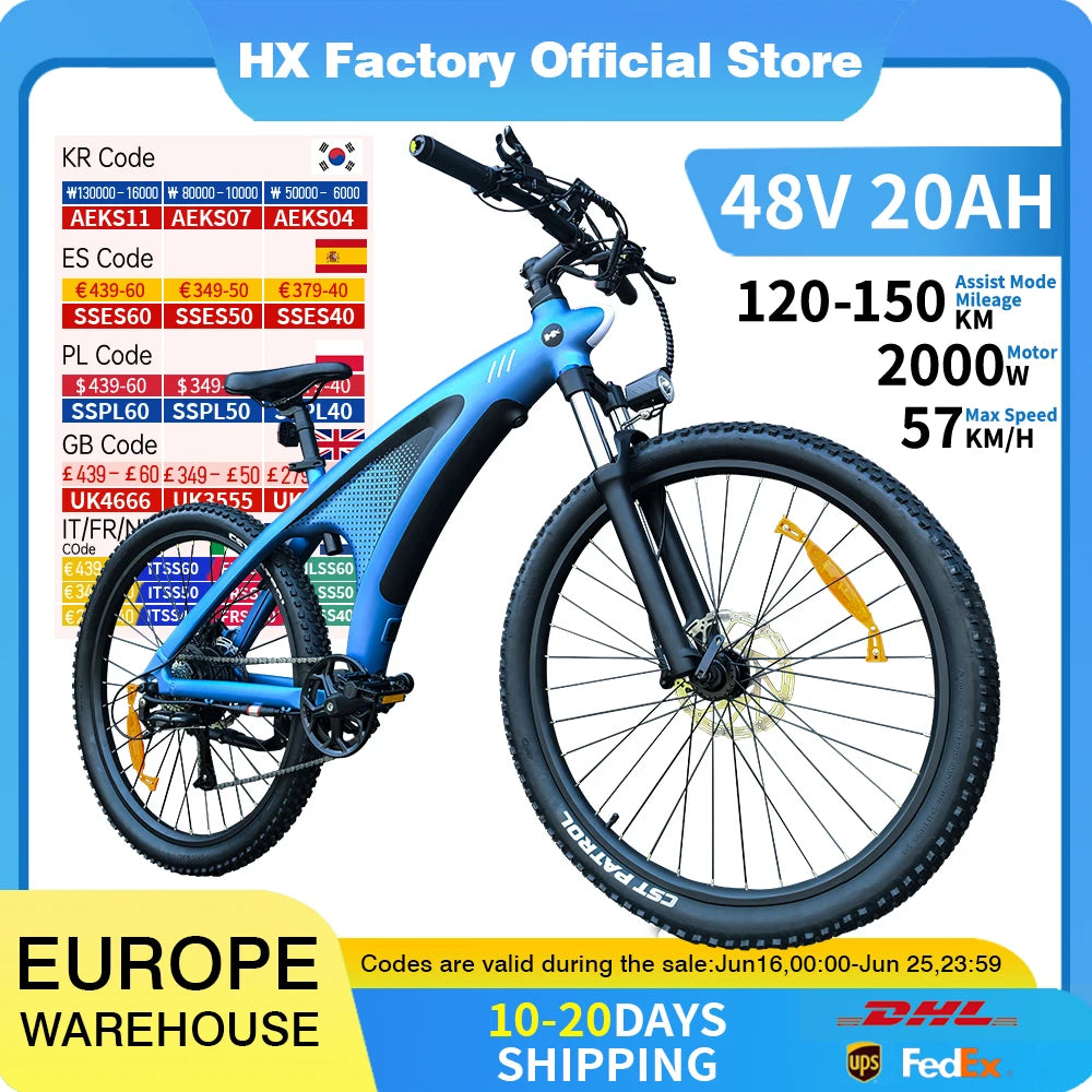HX Q5 Ebikes 2000W Adults Electric Bike Bicycle 2000W 48V 20AH 27.5 Inch Off-Road Tire Electric E Bikes Mountain Ebike