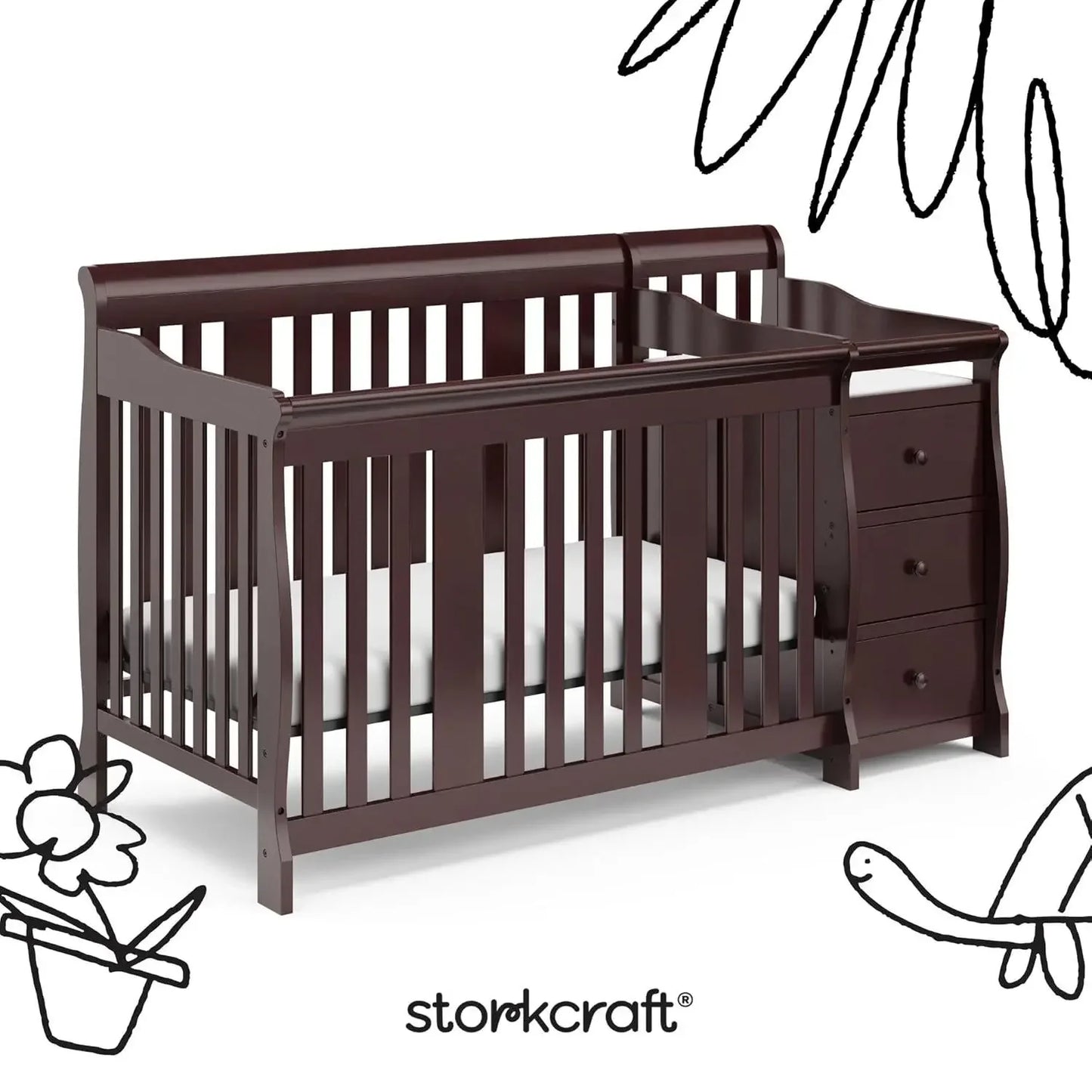Storkcraft Portofino 5-In-1 Convertible (Espresso) Crib And – Table Combination With 3 Drawers, Includes Baby Changing Pad, Can